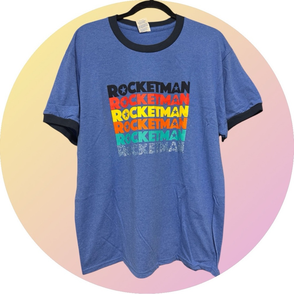 Tultex Blue Ringer Tee with Multicolor Rocketman Graphic